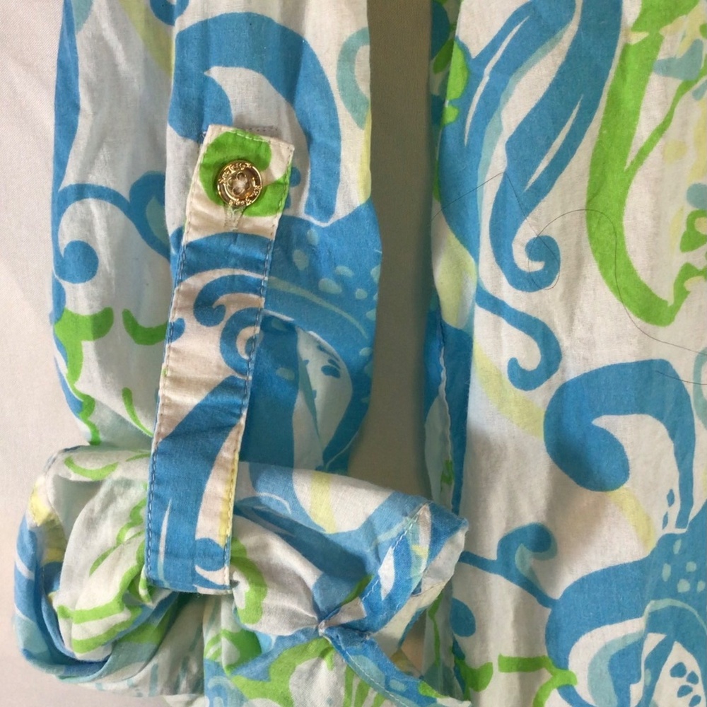 Lilly Pulitzer Small Tunic Top Blue Green Coastal Shell Swirl Cotton Resort - Picture 7 of 10